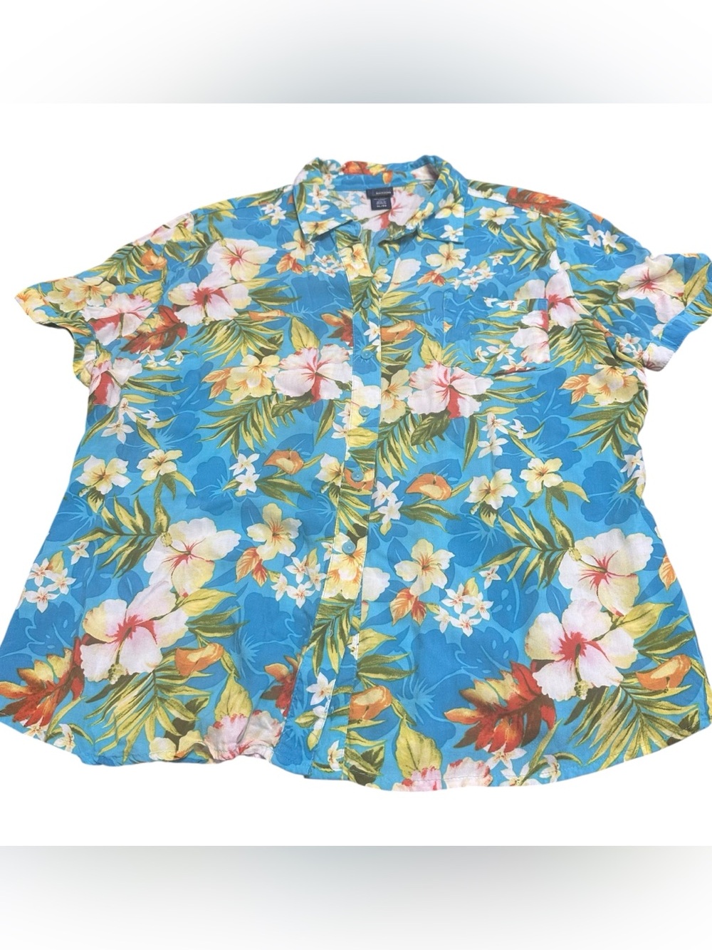 Basic Editions Hawaiian Floral Button Front Camp Shirt XL Blue Rayon Tropical